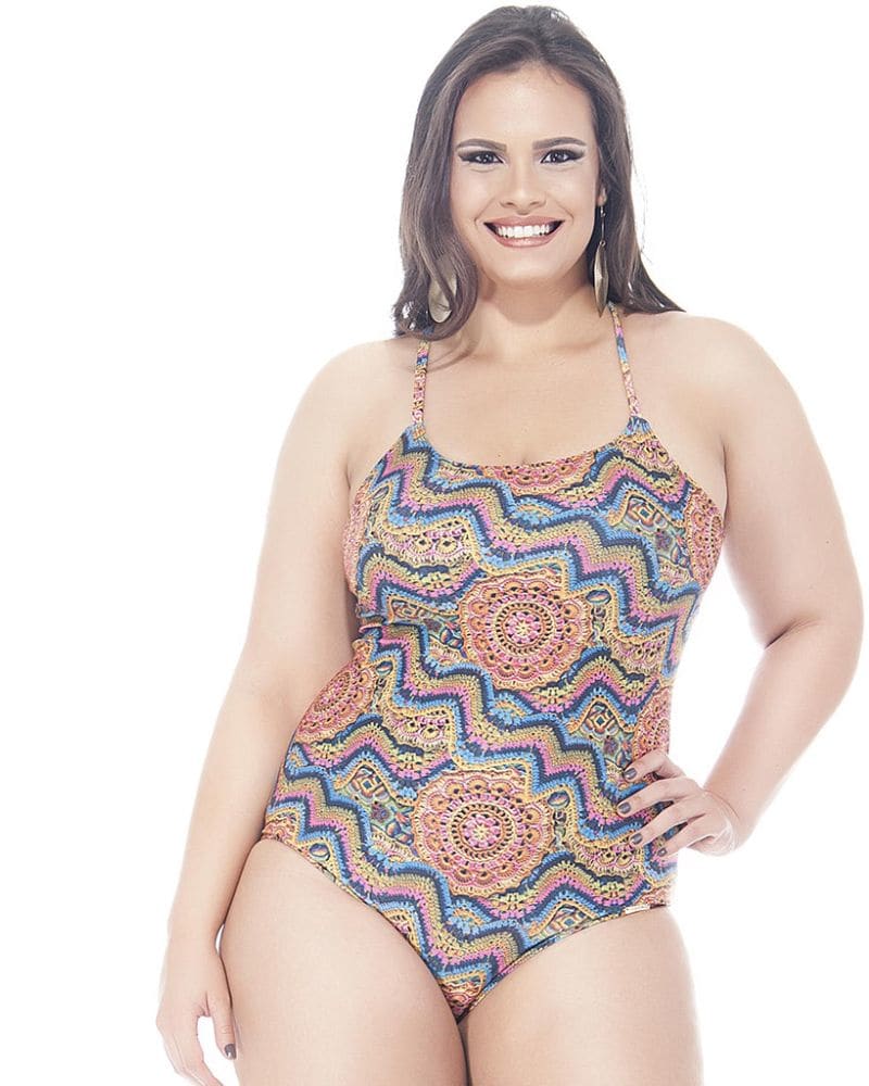 Front of a model wearing a size 16 Swimsuit With Padded Cups And Tie Back Closure in Pink by Lehona. | dia_product_style_image_id:267771